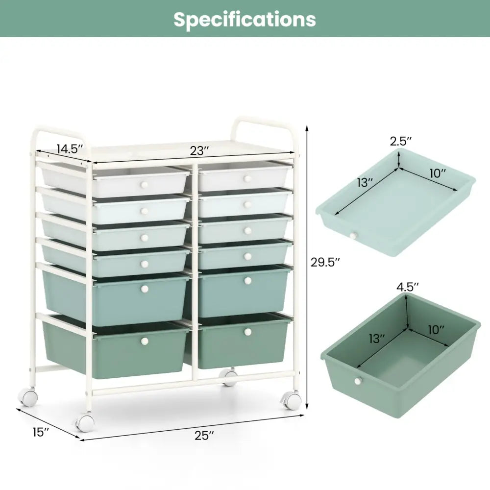 12-Drawer Rolling Storage Cart with Removable Drawers and Lockable Wheels-Green Gradient - Green Gradient - File