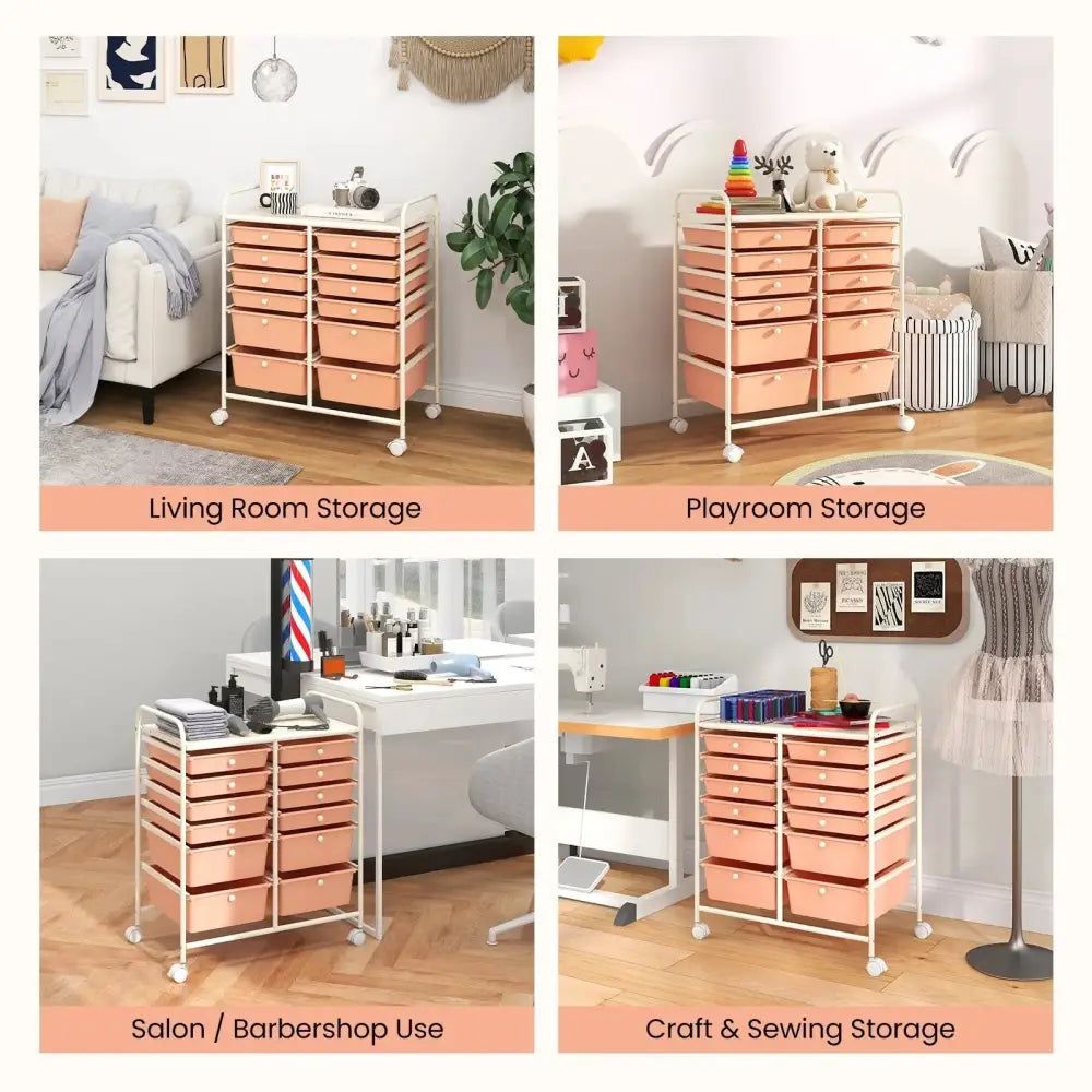 12-Drawer Rolling Storage Cart with Removable Drawers and Lockable Wheels-Peach Costway