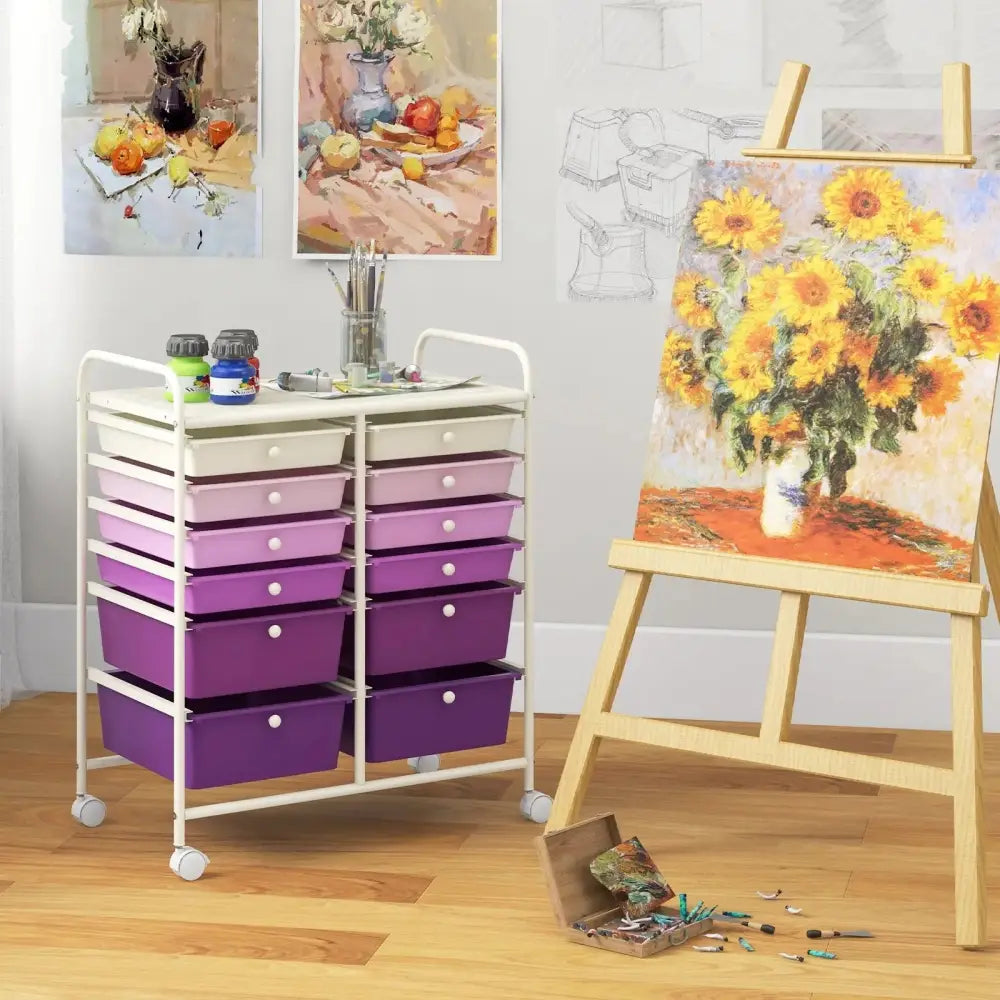 12-Drawer Rolling Storage Cart with Removable Drawers and Lockable Wheels-Purple Costway