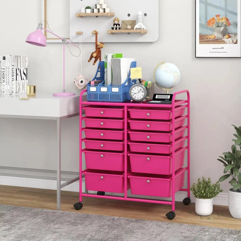 12-Drawer Rolling Storage Cart with Removable Drawers and Lockable Wheels-Rose Red Costway
