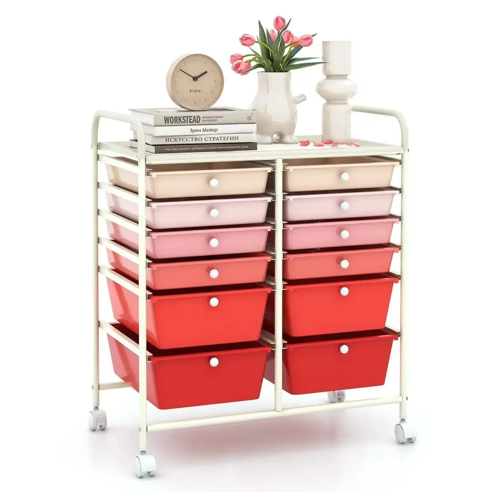12-Drawer Rolling Storage Cart with Removable Drawers and Lockable Wheels-Pink Costway
