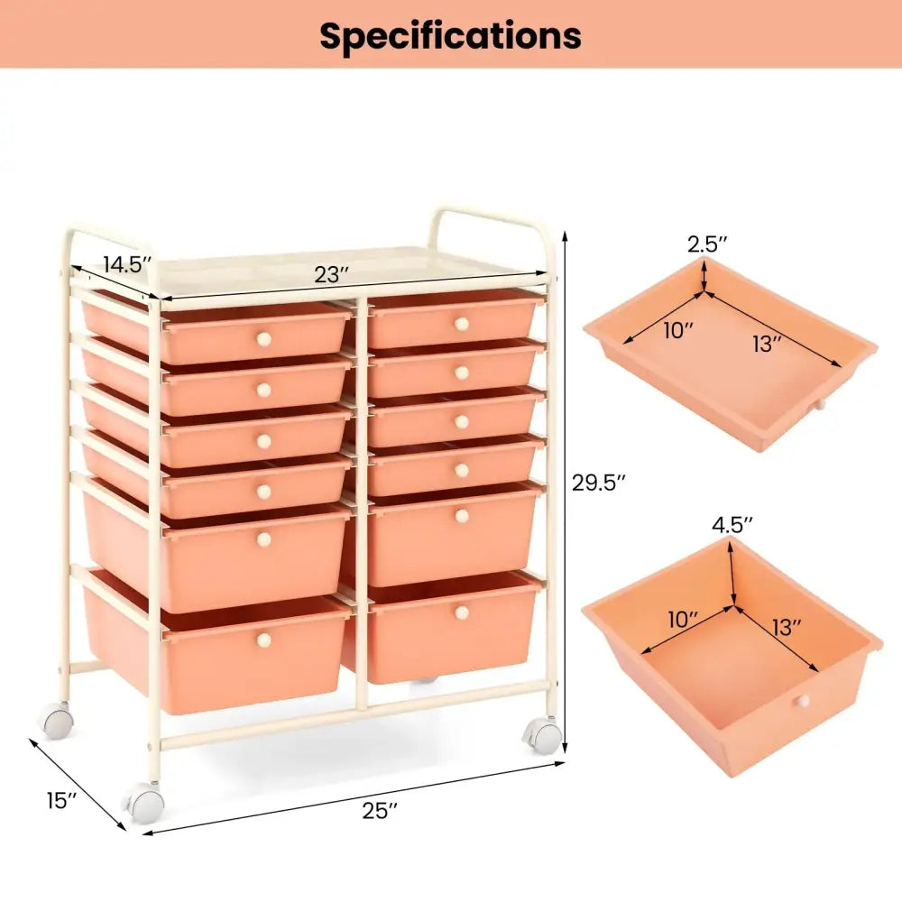 12-Drawer Rolling Storage Cart with Removable Drawers and Lockable Wheels-Peach Costway