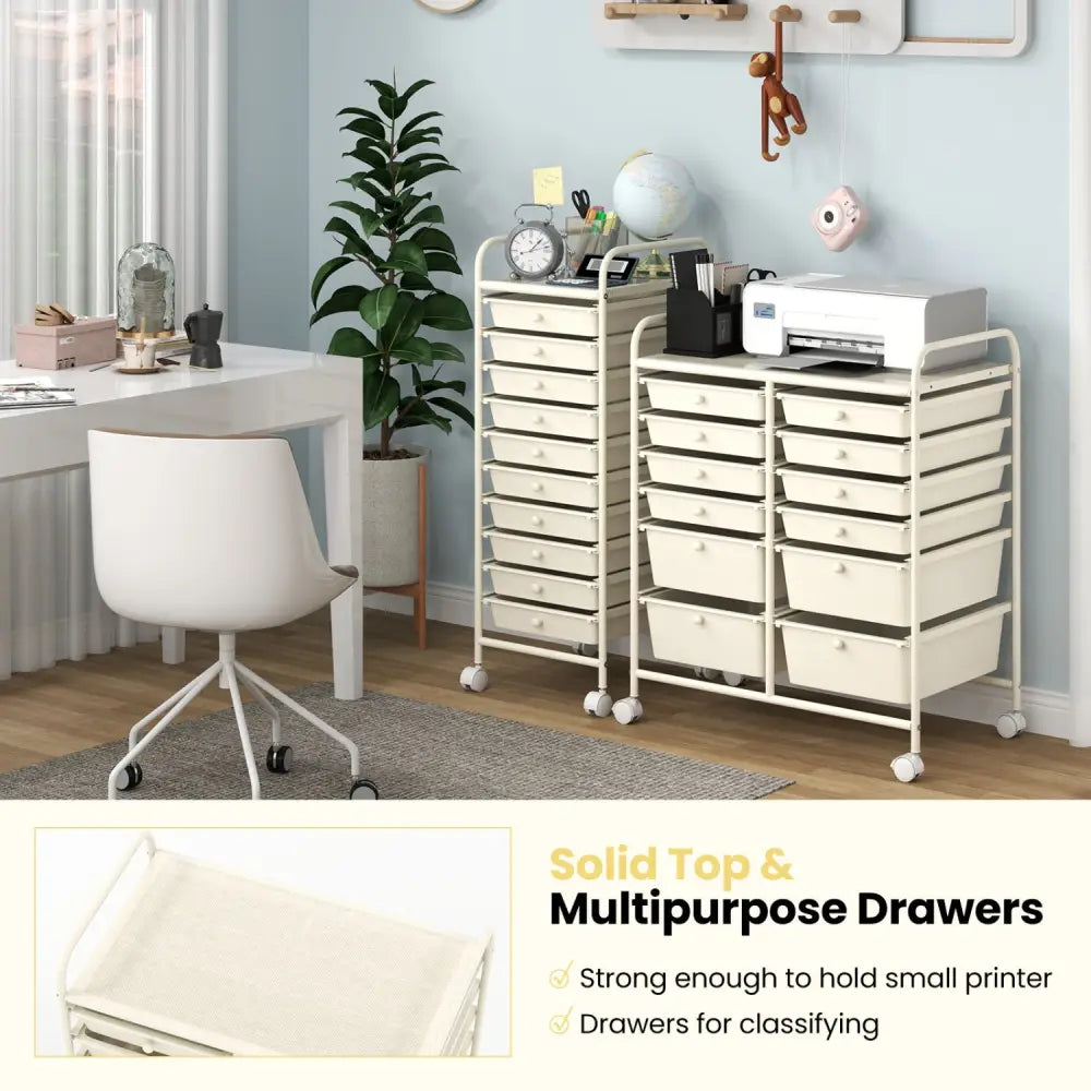12-Drawer Rolling Storage Cart with Removable Drawers and Lockable Wheels-Beige - Beige - File Cabinets