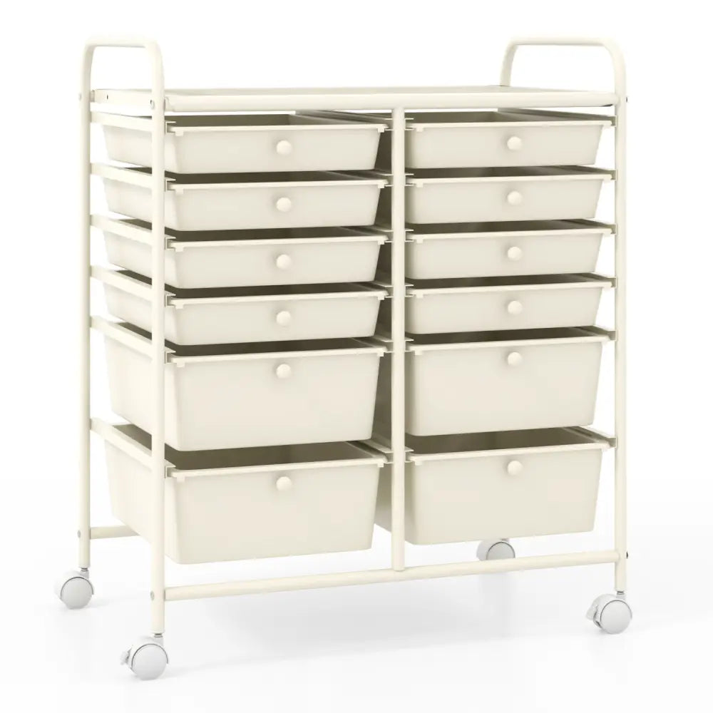 12-Drawer Rolling Storage Cart with Removable Drawers and Lockable Wheels-Beige - Beige - File Cabinets