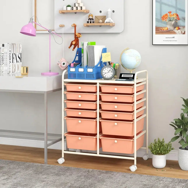 12-Drawer Rolling Storage Cart with Removable Drawers and Lockable Wheels-Peach Costway