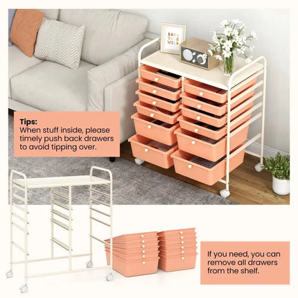 12-Drawer Rolling Storage Cart with Removable Drawers and Lockable Wheels-Peach Costway