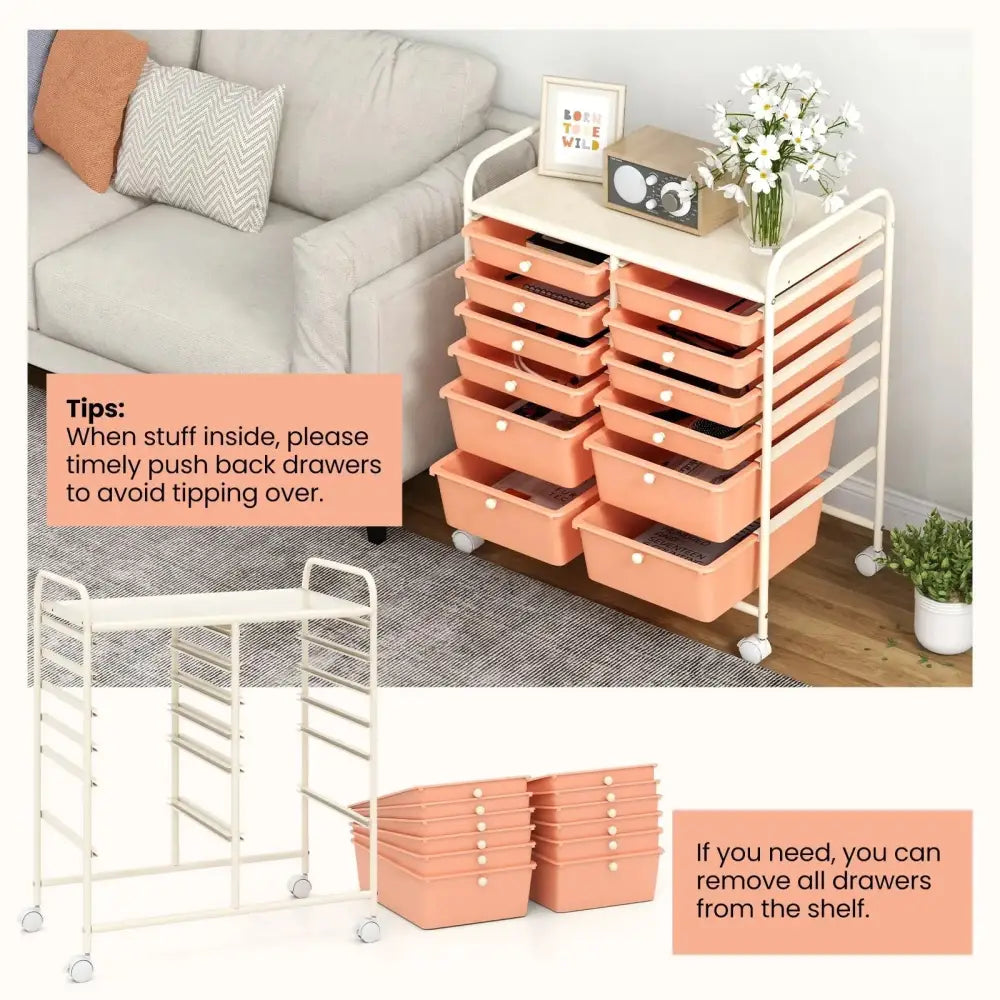 12-Drawer Rolling Storage Cart with Removable Drawers and Lockable Wheels-Peach Costway