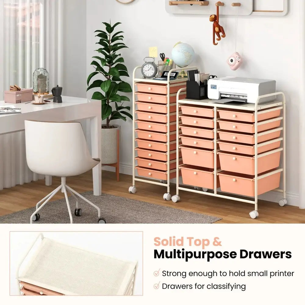12-Drawer Rolling Storage Cart with Removable Drawers and Lockable Wheels-Peach Costway