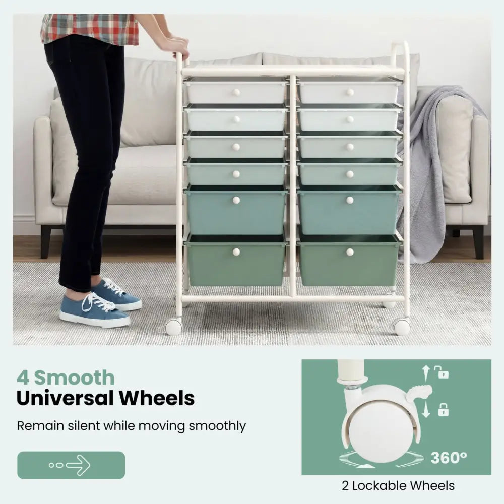 12-Drawer Rolling Storage Cart with Removable Drawers and Lockable Wheels-Green Gradient - Green Gradient - File