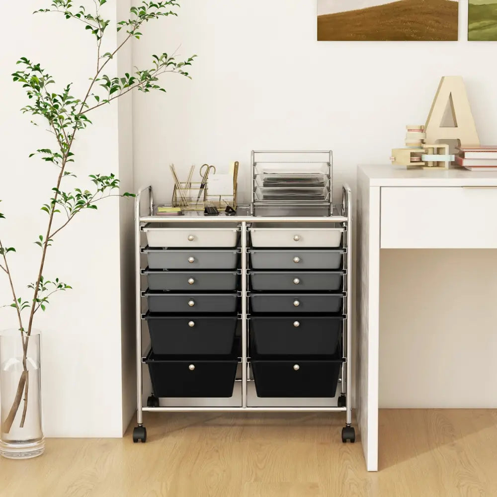 12-Drawer Rolling Storage Cart with Removable Drawers and Lockable Wheels-Gray - Gray - File Cabinets