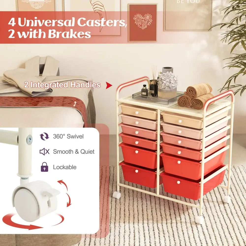 12-Drawer Rolling Storage Cart with Removable Drawers and Lockable Wheels-Pink Costway