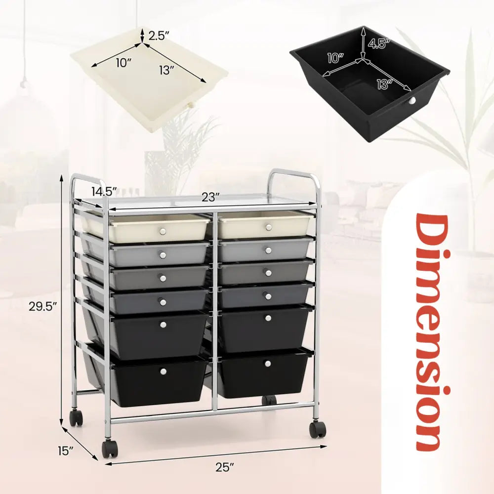 12-Drawer Rolling Storage Cart with Removable Drawers and Lockable Wheels-Gray - Gray - File Cabinets