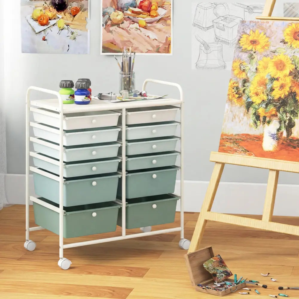 12-Drawer Rolling Storage Cart with Removable Drawers and Lockable Wheels-Green Gradient - Green Gradient - File