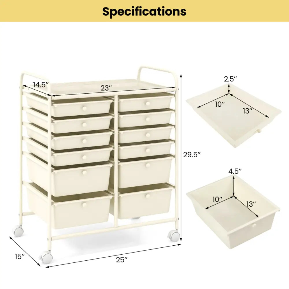 12-Drawer Rolling Storage Cart with Removable Drawers and Lockable Wheels-Beige - Beige - File Cabinets