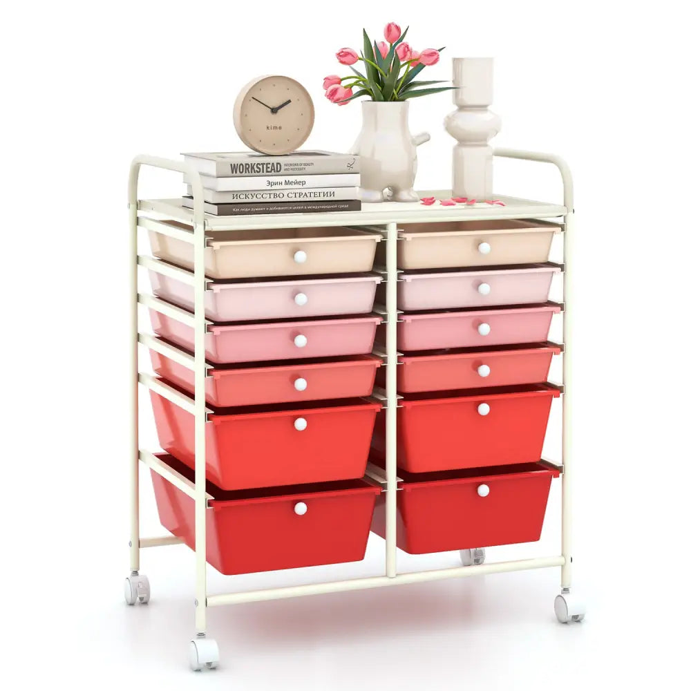 12-Drawer Rolling Storage Cart with Removable Drawers and Lockable Wheels-Pink - Pink - File Cabinets
