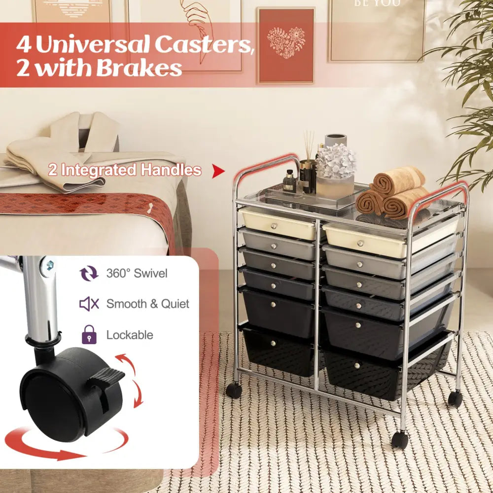 12-Drawer Rolling Storage Cart with Removable Drawers and Lockable Wheels-Gray - Gray - File Cabinets