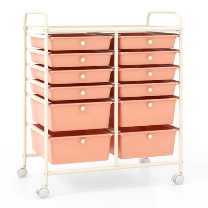 12-Drawer Rolling Storage Cart with Removable Drawers and Lockable Wheels-Peach Costway