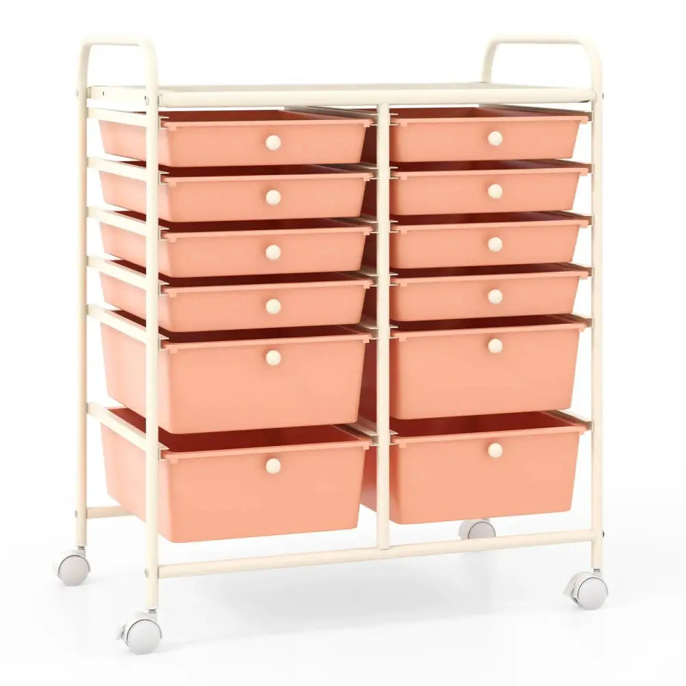 12-Drawer Rolling Storage Cart with Removable Drawers and Lockable Wheels-Peach Costway