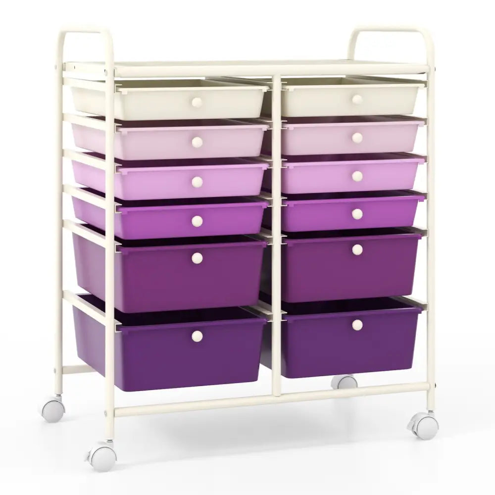12-Drawer Rolling Storage Cart with Removable Drawers and Lockable Wheels-Purple - Purple - File Cabinets