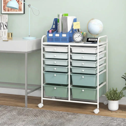 12-Drawer Rolling Storage Cart with Removable Drawers and Lockable Wheels-Green Gradient - Green Gradient - File