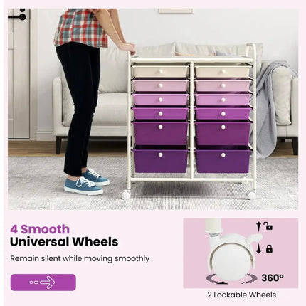 12-Drawer Rolling Storage Cart with Removable Drawers and Lockable Wheels-Purple Costway