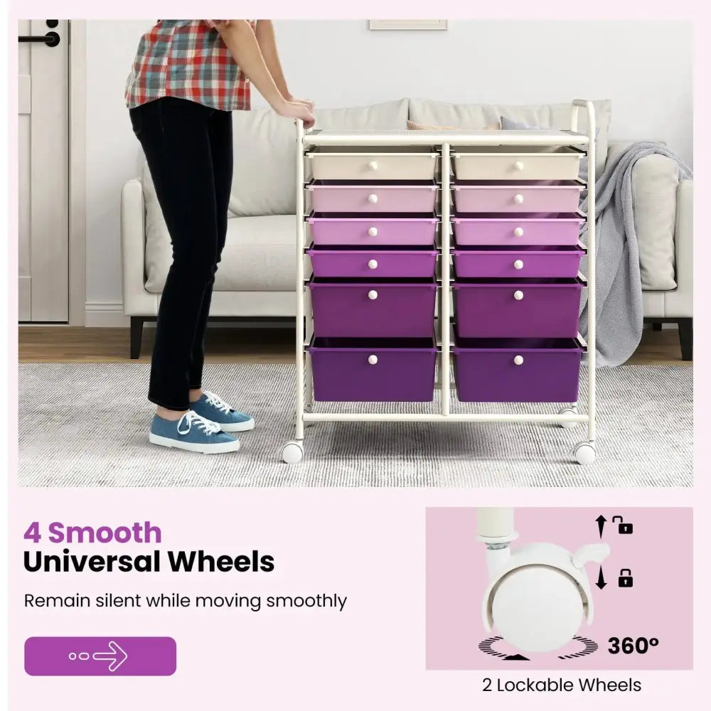 12-Drawer Rolling Storage Cart with Removable Drawers and Lockable Wheels-Purple Costway