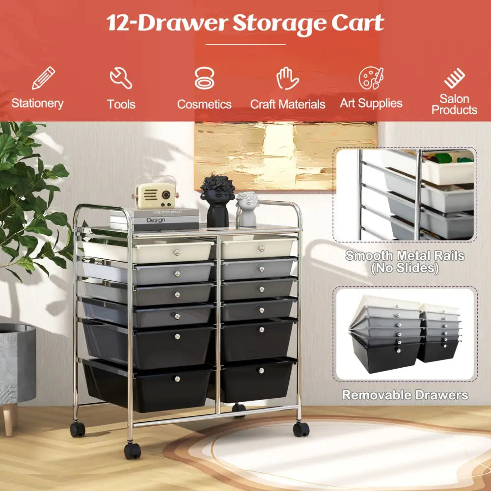 12-Drawer Rolling Storage Cart with Removable Drawers and Lockable Wheels-Gray - Gray - File Cabinets