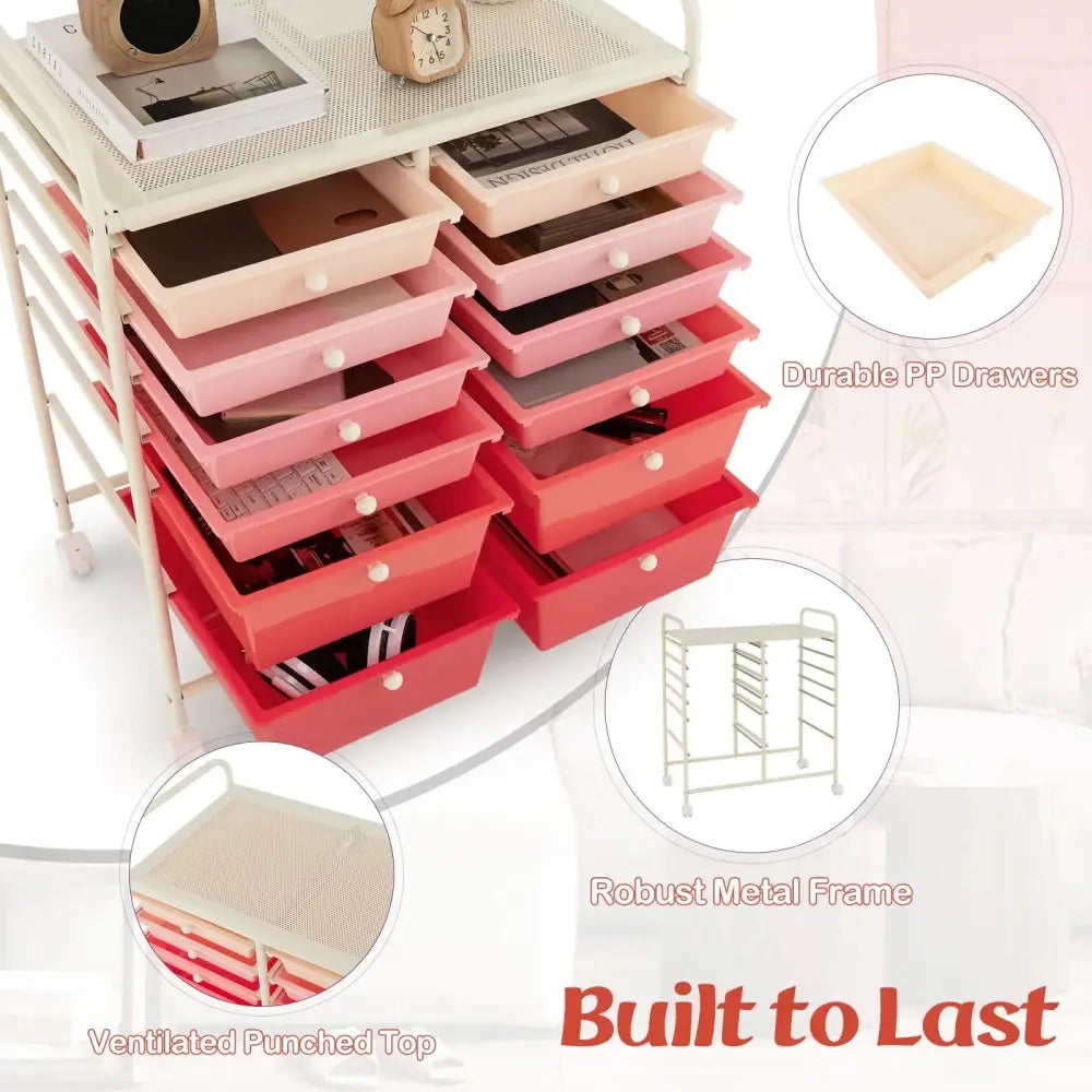 12-Drawer Rolling Storage Cart with Removable Drawers and Lockable Wheels-Pink Costway