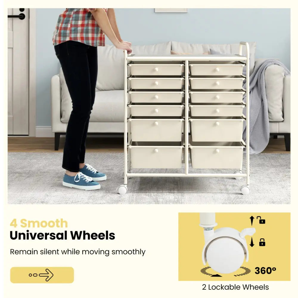 12-Drawer Rolling Storage Cart with Removable Drawers and Lockable Wheels-Beige - Beige - File Cabinets