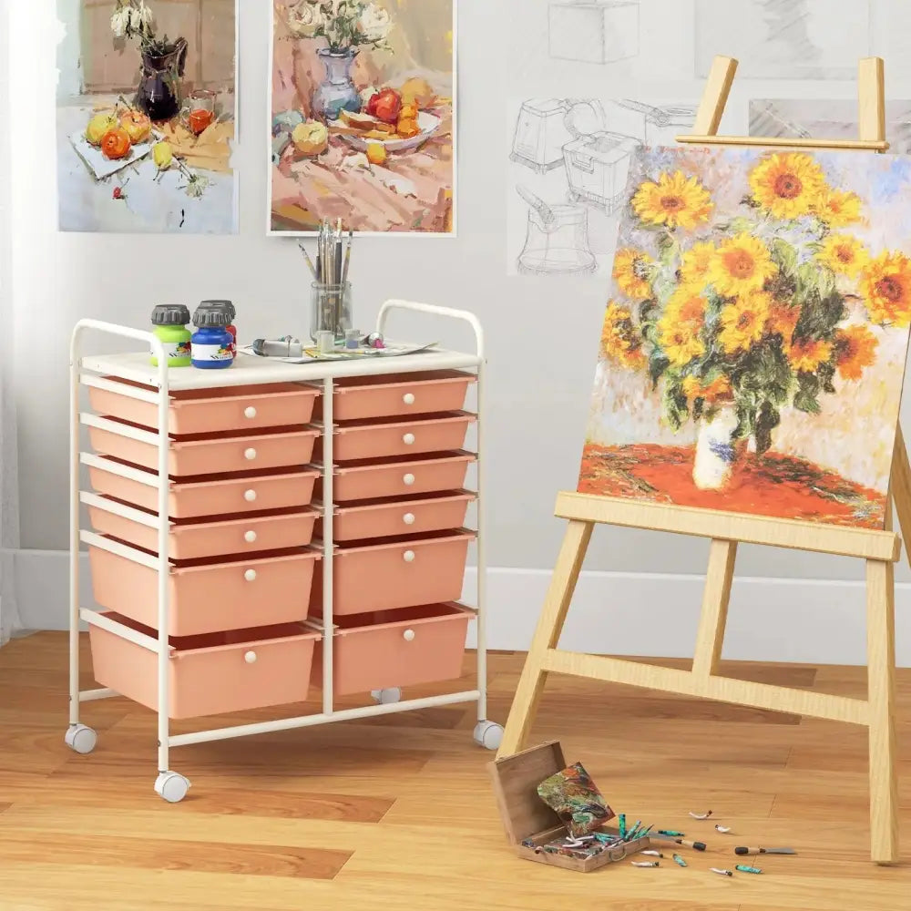 12-Drawer Rolling Storage Cart with Removable Drawers and Lockable Wheels-Peach Costway