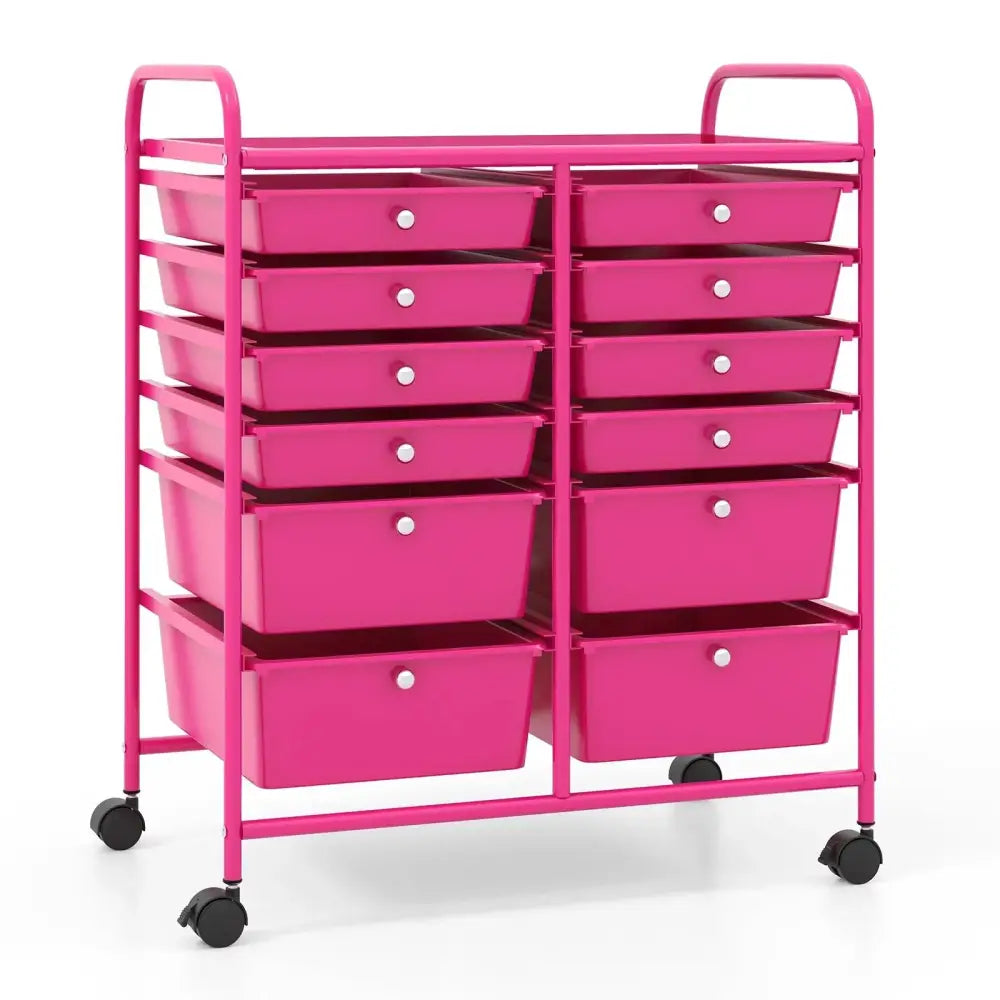 12-Drawer Rolling Storage Cart with Removable Drawers and Lockable Wheels-Rose Red Costway