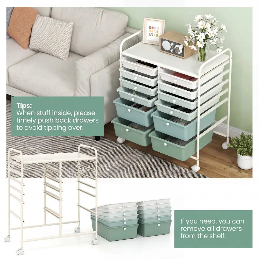 12-Drawer Rolling Storage Cart with Removable Drawers and Lockable Wheels-Green Gradient - Green Gradient - File