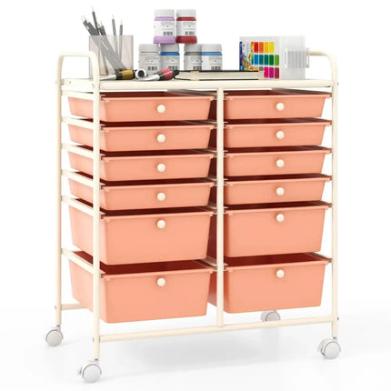 12-Drawer Rolling Storage Cart with Removable Drawers and Lockable Wheels-Peach Costway