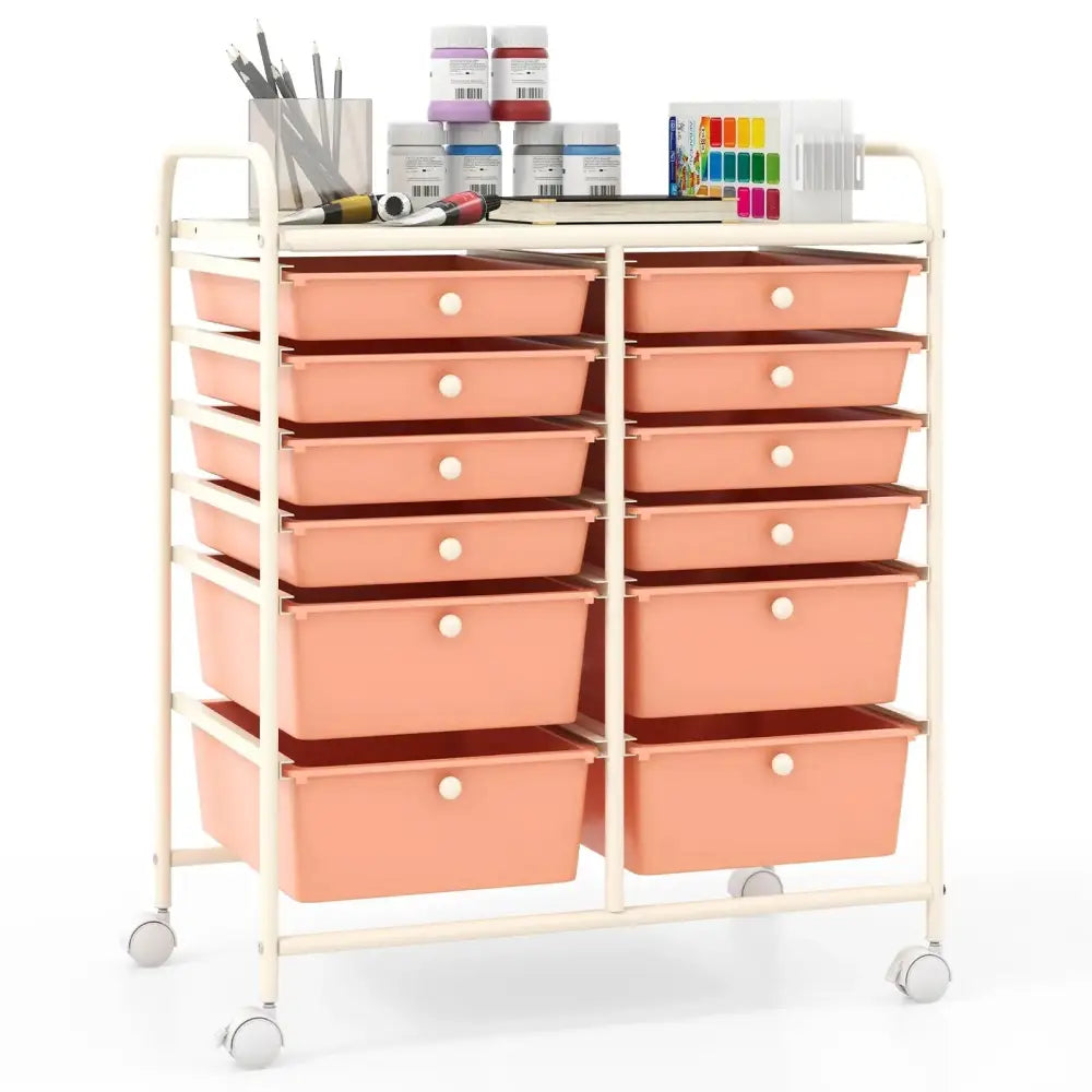 12-Drawer Rolling Storage Cart with Removable Drawers and Lockable Wheels-Peach Costway