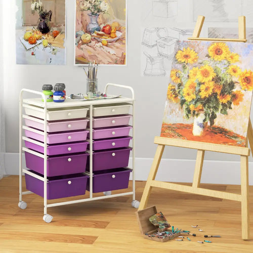 12-Drawer Rolling Storage Cart with Removable Drawers and Lockable Wheels-Purple - Purple - File Cabinets