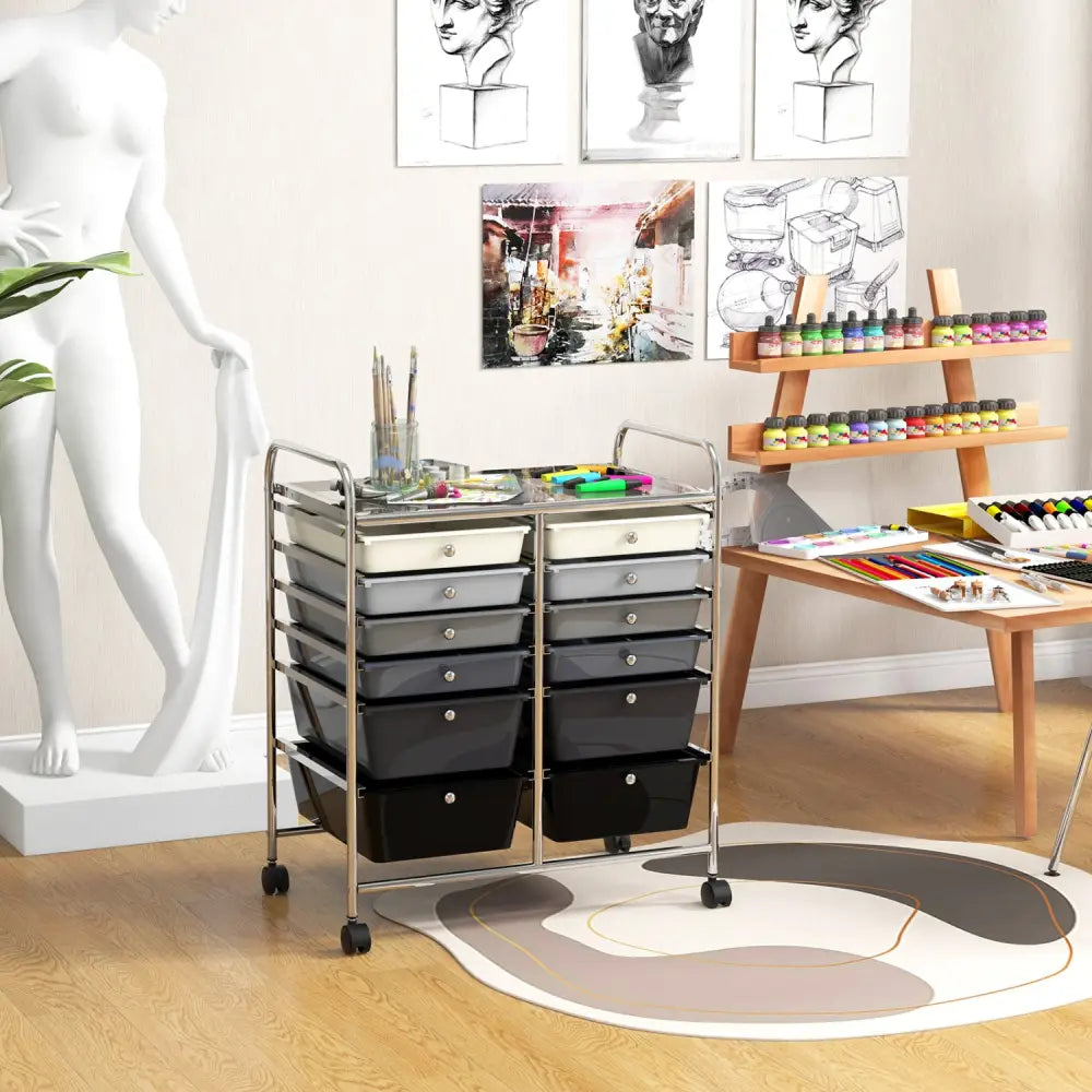 12-Drawer Rolling Storage Cart with Removable Drawers and Lockable Wheels-Gray - Gray - File Cabinets