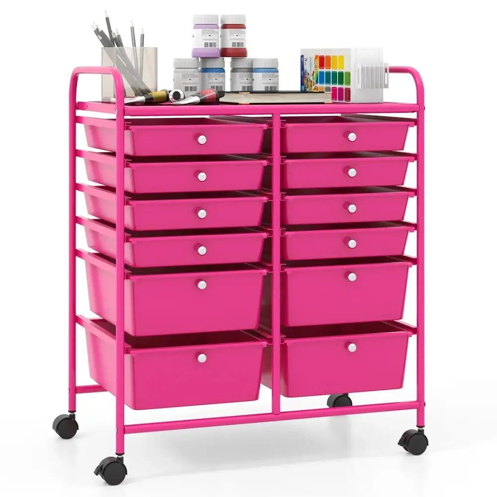 12-Drawer Rolling Storage Cart with Removable Drawers and Lockable Wheels-Rose Red Costway