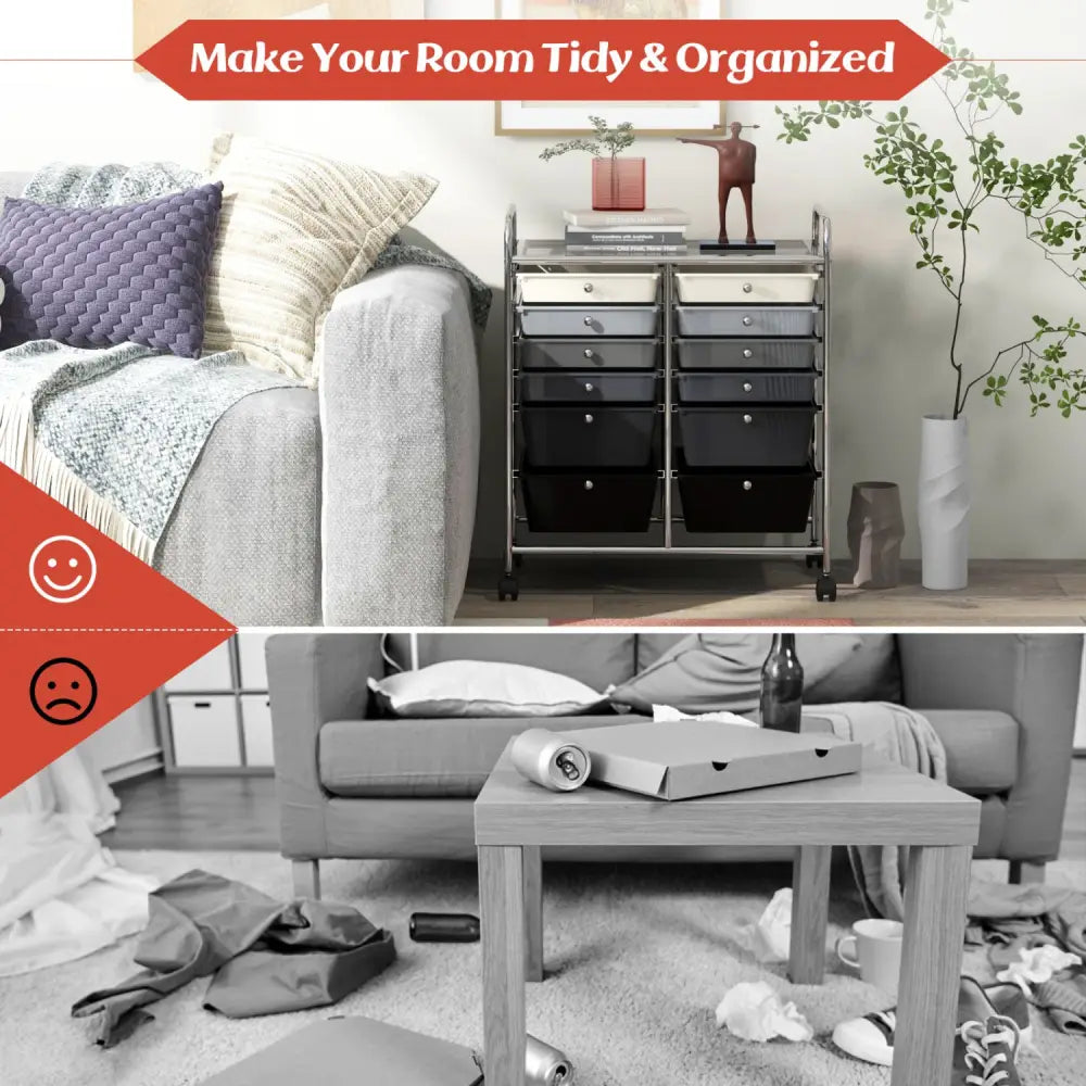 12-Drawer Rolling Storage Cart with Removable Drawers and Lockable Wheels-Gray - Gray - File Cabinets