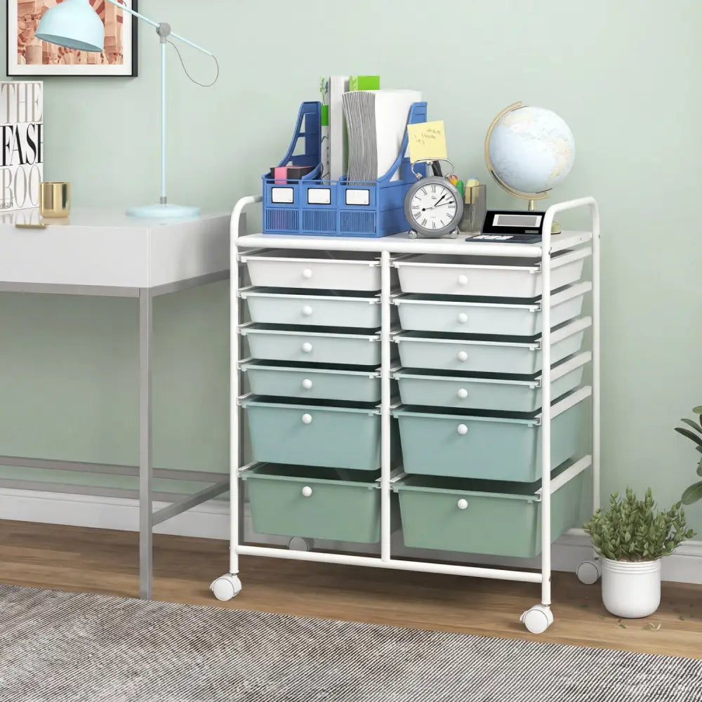 12-Drawer Rolling Storage Cart with Removable Drawers and Lockable Wheels-Green Gradient - Green Gradient - File