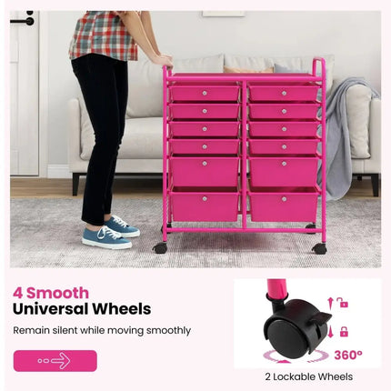 12-Drawer Rolling Storage Cart with Removable Drawers and Lockable Wheels-Rose Red Costway