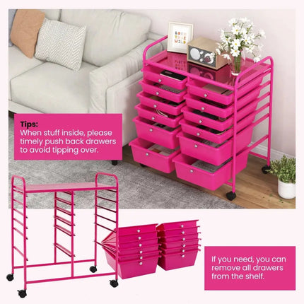 12-Drawer Rolling Storage Cart with Removable Drawers and Lockable Wheels-Rose Red Costway