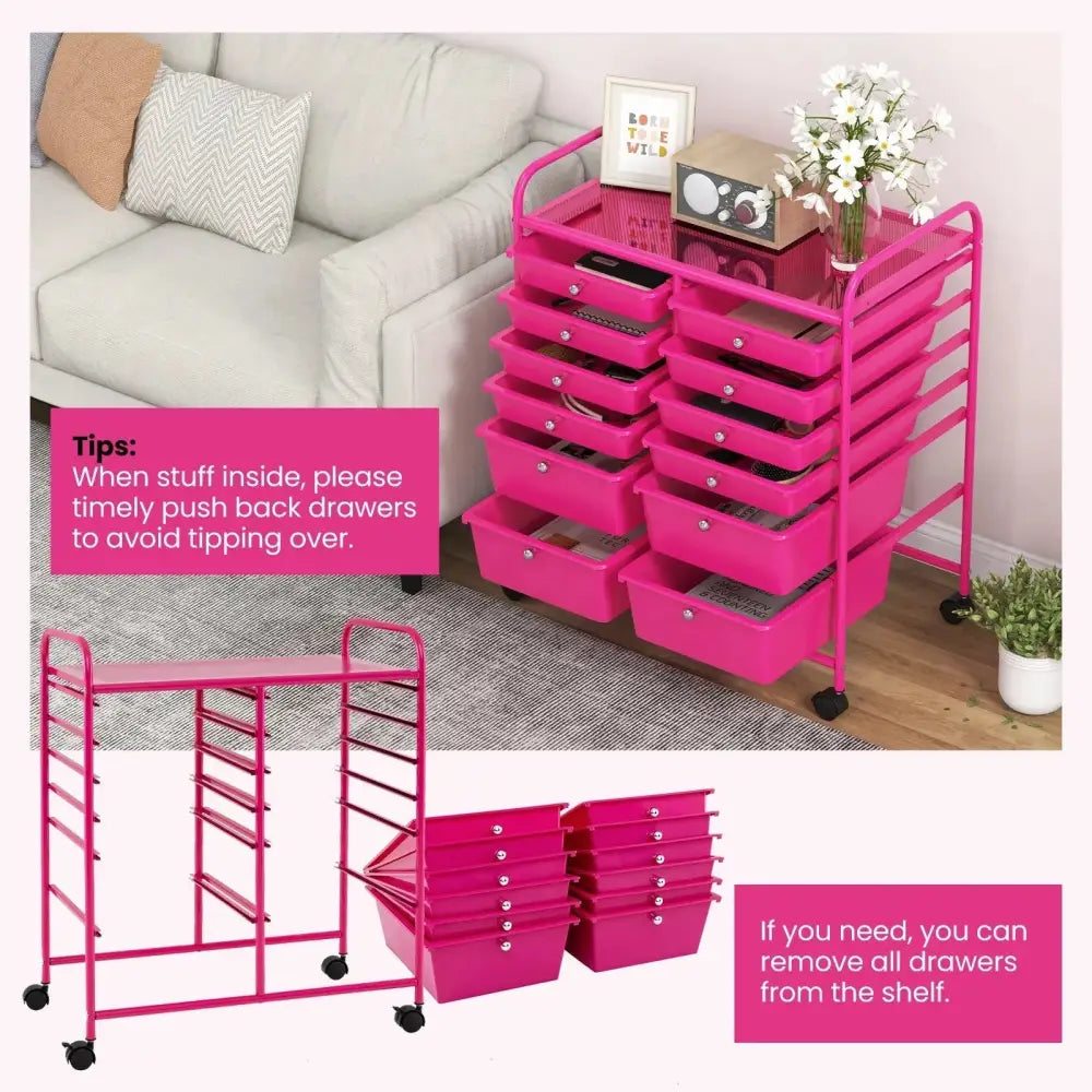 12-Drawer Rolling Storage Cart with Removable Drawers and Lockable Wheels-Rose Red Costway