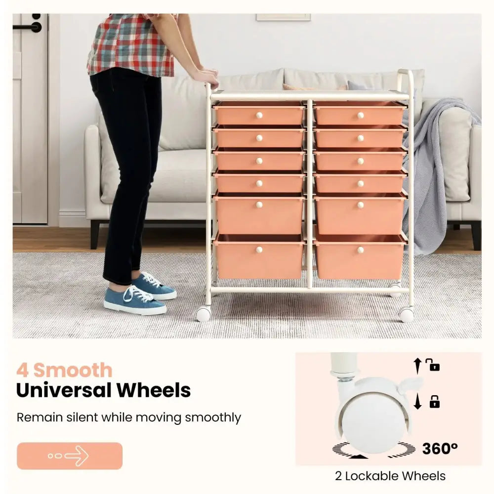 12-Drawer Rolling Storage Cart with Removable Drawers and Lockable Wheels-Peach Costway