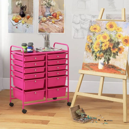 12-Drawer Rolling Storage Cart with Removable Drawers and Lockable Wheels-Rose Red Costway