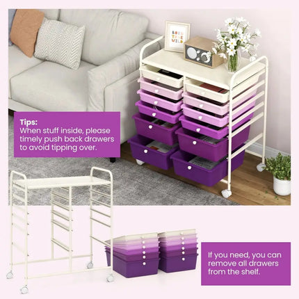 12-Drawer Rolling Storage Cart with Removable Drawers and Lockable Wheels-Purple Costway