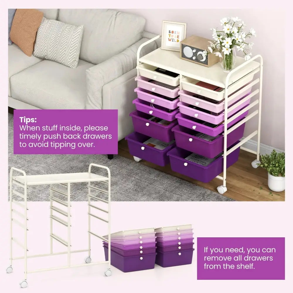 12-Drawer Rolling Storage Cart with Removable Drawers and Lockable Wheels-Purple Costway