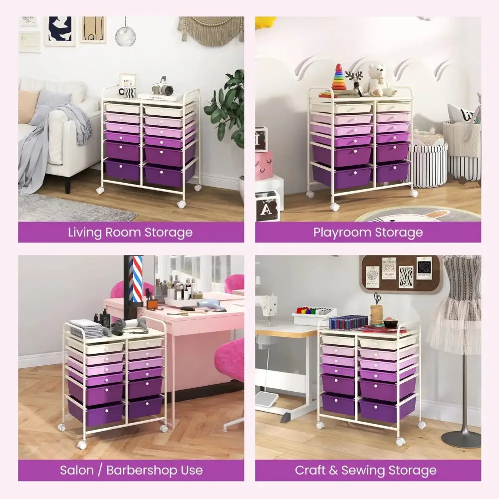 12-Drawer Rolling Storage Cart with Removable Drawers and Lockable Wheels-Purple Costway