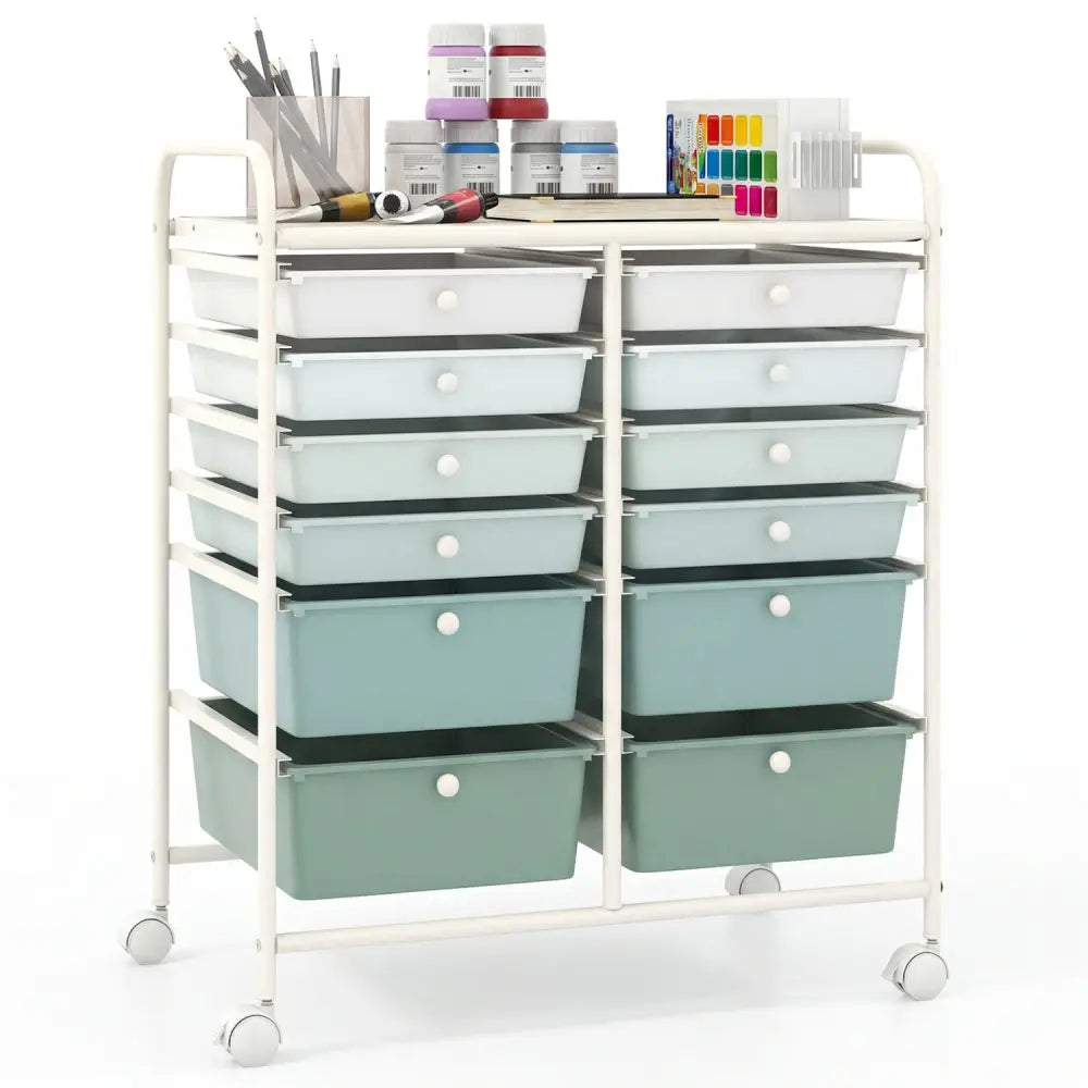 12-Drawer Rolling Storage Cart with Removable Drawers and Lockable Wheels-Green Gradient - Green Gradient - File