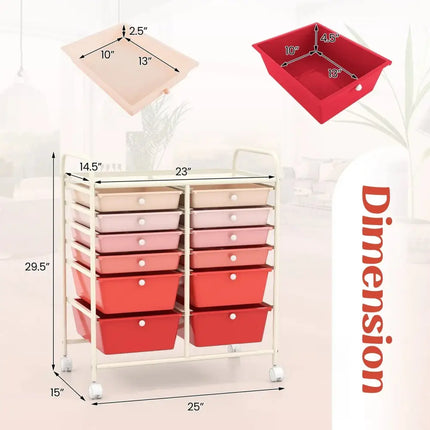 12-Drawer Rolling Storage Cart with Removable Drawers and Lockable Wheels-Pink Costway