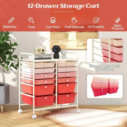 12-Drawer Rolling Storage Cart with Removable Drawers and Lockable Wheels-Pink Costway